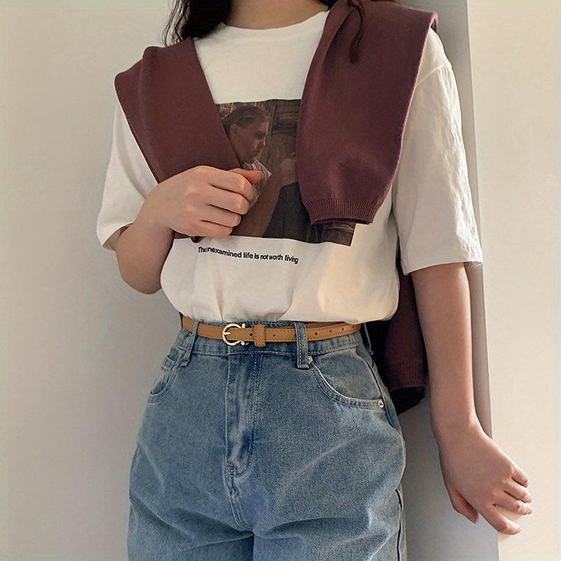 Golden Round Pin Buckle Thin Belt PU Leather Casual Belts