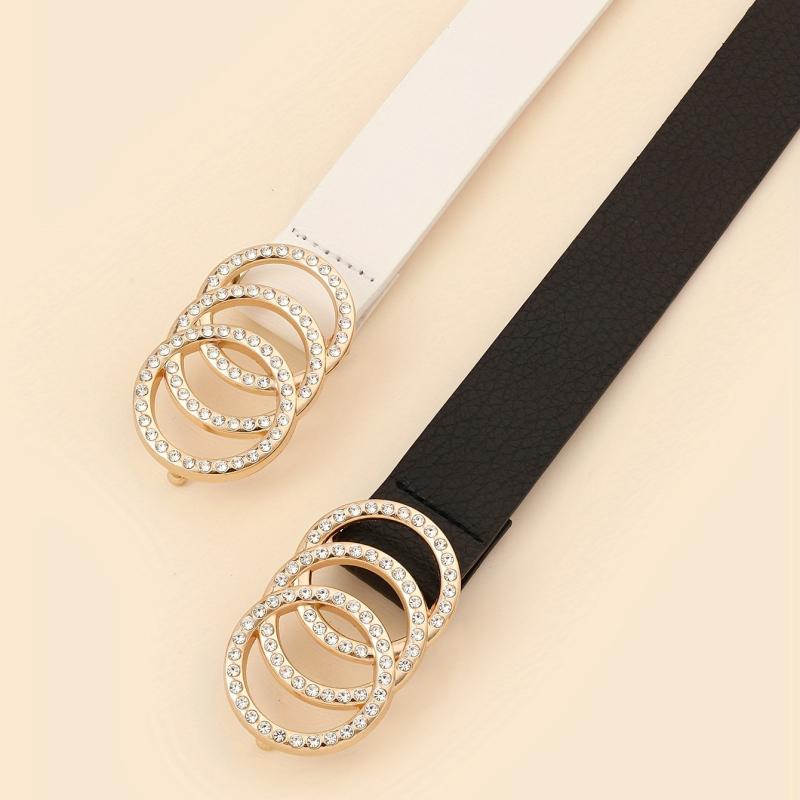 2pcs Rhinestone Buckle Belt Set Casual Thin Belt for Women