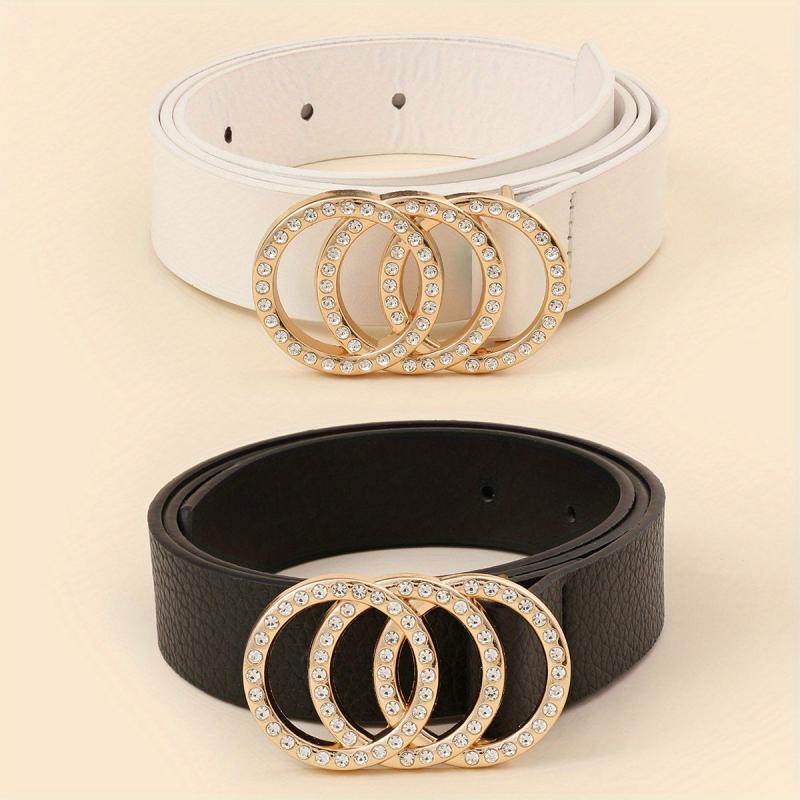 2pcs Rhinestone Buckle Belt Set Casual Thin Belt for Women