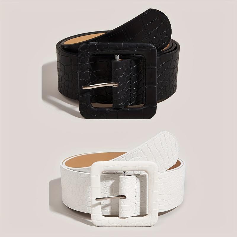 Stone Pattern Embossed Belt Wide Waistband Square Buckle Women Dress Girdle