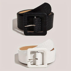 Stone Pattern Embossed Belt Wide Waistband Square Buckle Women Dress Girdle
