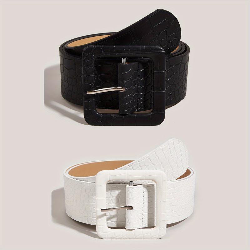 Stone Pattern Embossed Belt Wide Waistband Square Buckle Women Dress Girdle