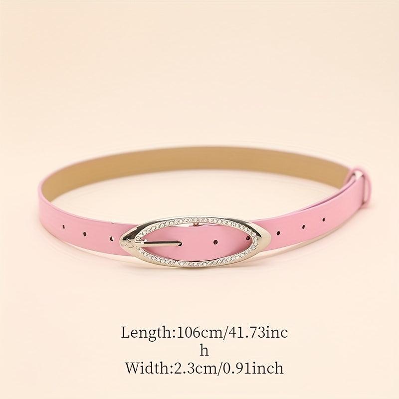 Pink Y2K Thin Belt Rhinestone Oval Pin Buckle PU Leather Waistband