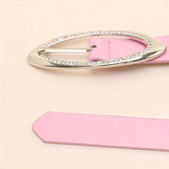 Pink Y2K Thin Belt Rhinestone Oval Pin Buckle PU Leather Waistband