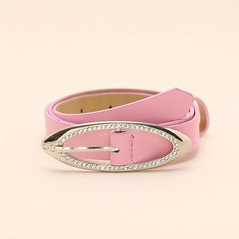 Pink Y2K Thin Belt Rhinestone Oval Pin Buckle PU Leather Waistband