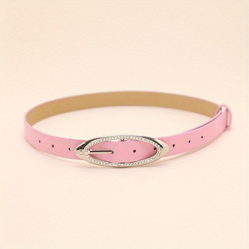 Pink Y2K Thin Belt Rhinestone Oval Pin Buckle PU Leather Waistband
