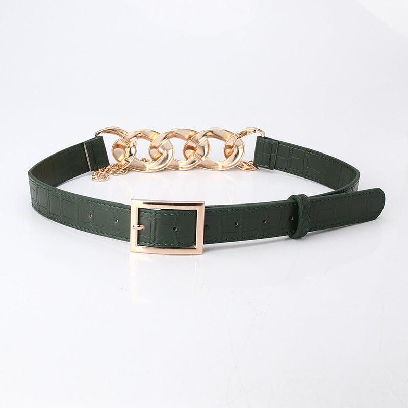 Chain Buckle Belt PU Leather Decor Waist Dress Coat Waistband