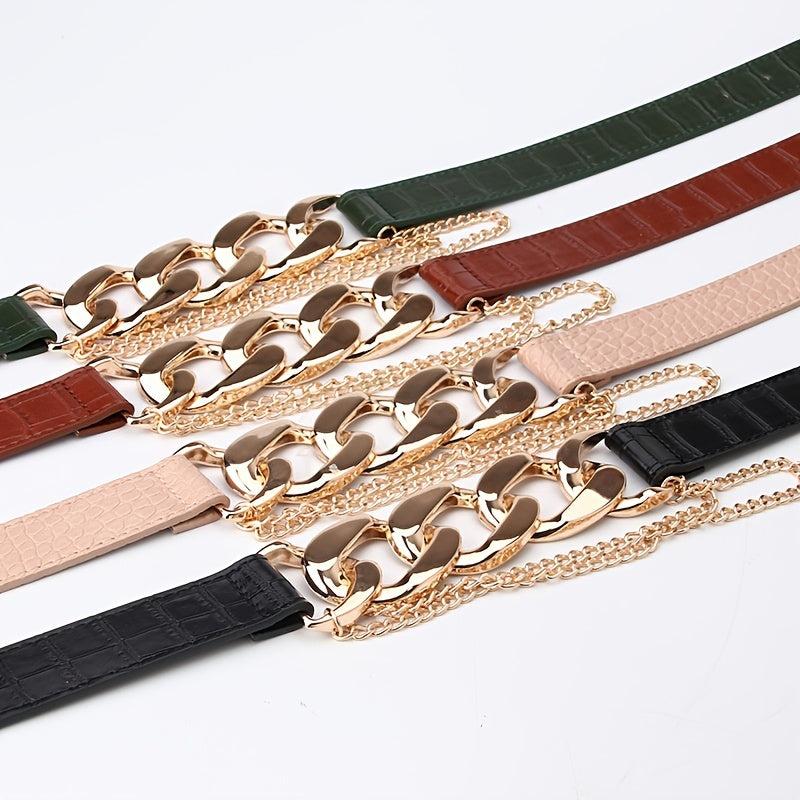 Chain Buckle Belt PU Leather Decor Waist Dress Coat Waistband