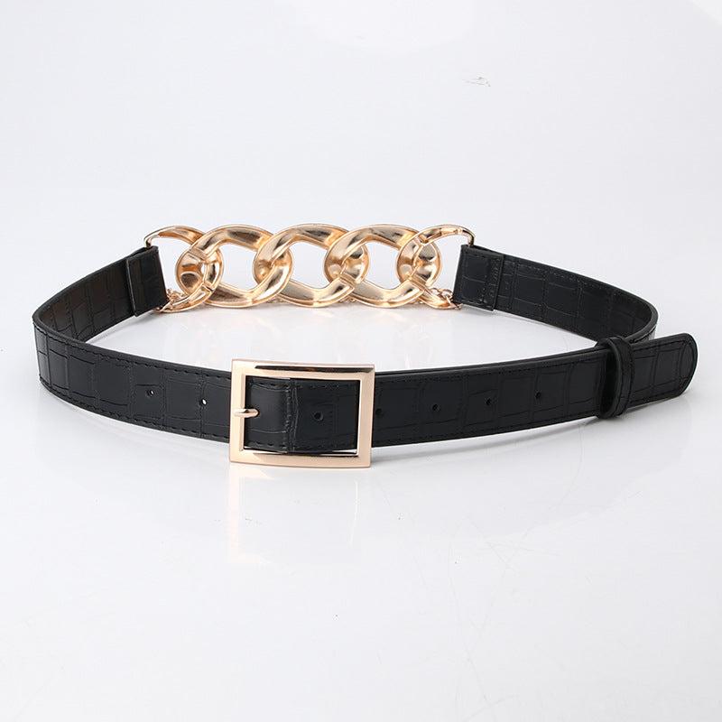 Chain Buckle Belt PU Leather Decor Waist Dress Coat Waistband
