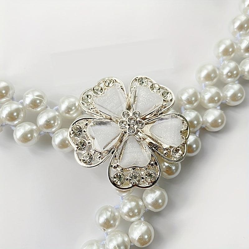 Faux Pearl Girdle Flower Decor Elastic Dress Waistband Chain Belts