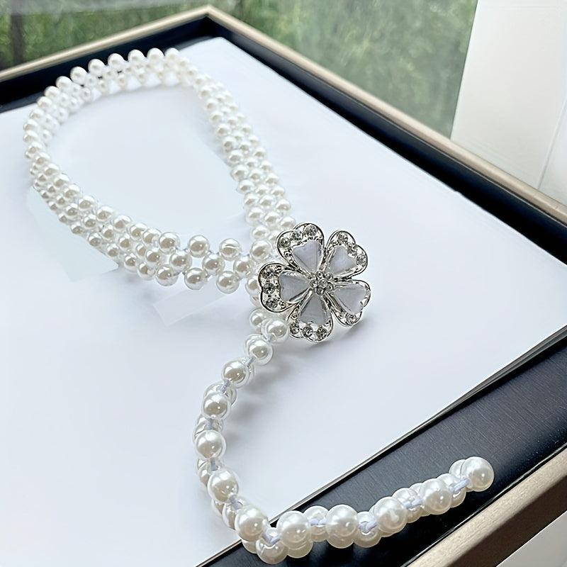 Faux Pearl Girdle Flower Decor Elastic Dress Waistband Chain Belts