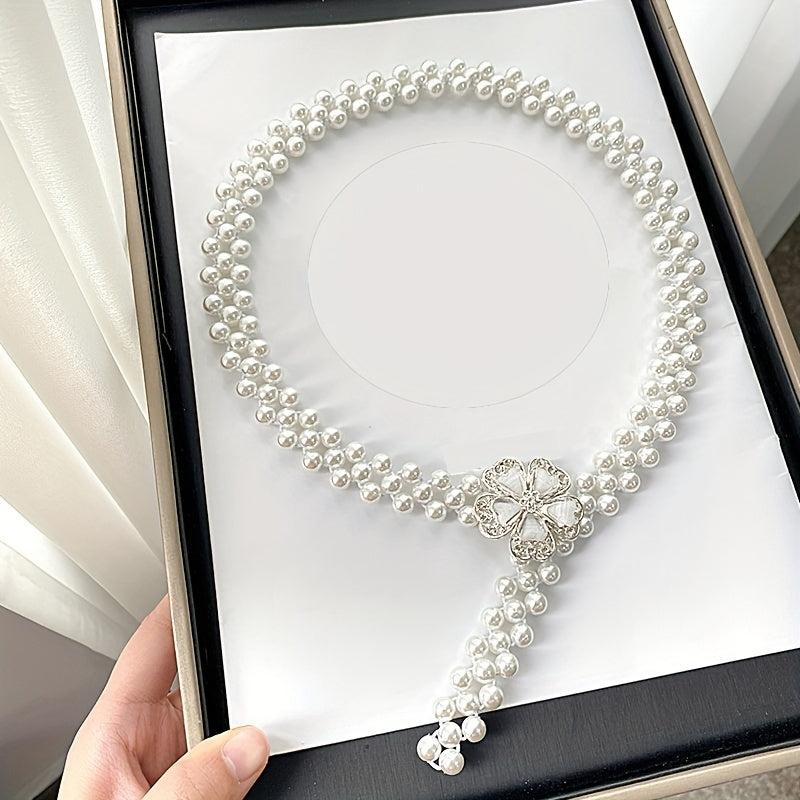 Faux Pearl Girdle Flower Decor Elastic Dress Waistband Chain Belts
