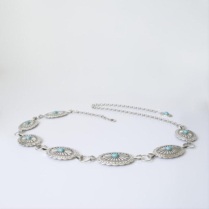 Turquoise Chain Waist Belt Silver Cowgirl Western Oval Tripe Belts