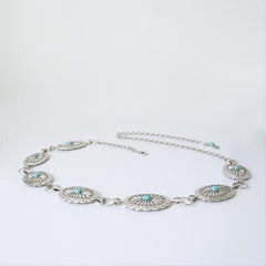 Turquoise Chain Waist Belt Silver Cowgirl Western Oval Tripe Belts