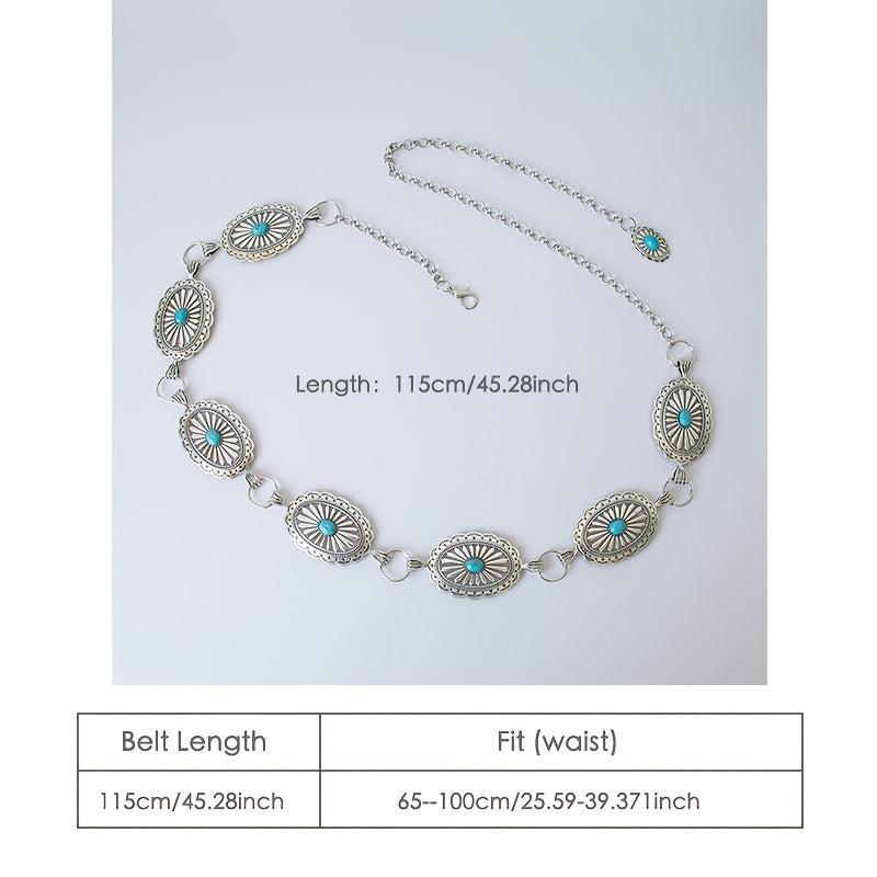 Turquoise Chain Waist Belt Silver Cowgirl Western Oval Tripe Belts