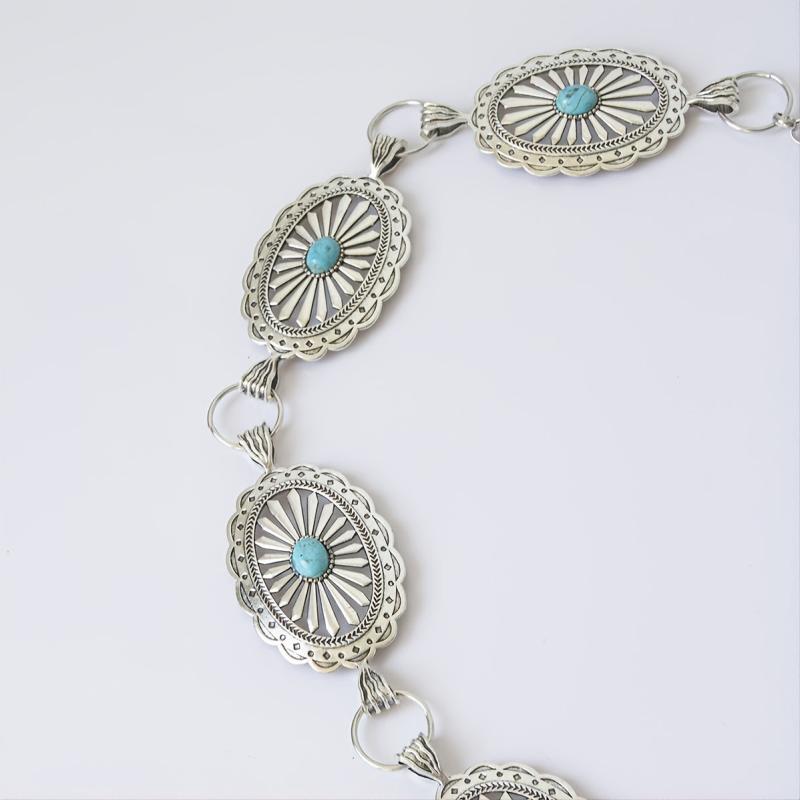 Turquoise Chain Waist Belt Silver Cowgirl Western Oval Tripe Belts