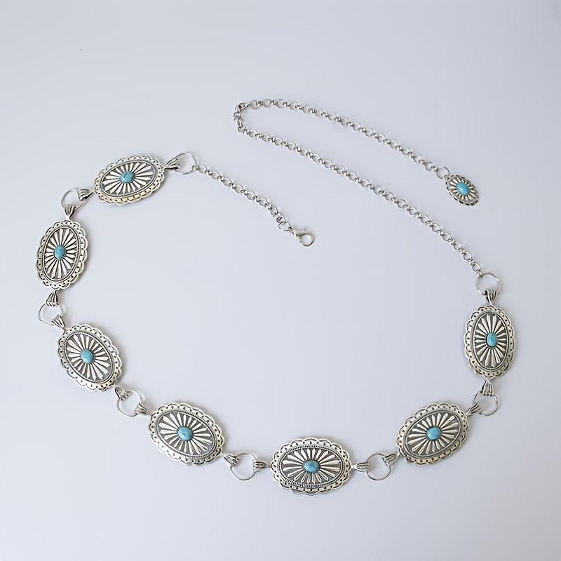 Turquoise Chain Waist Belt Silver Cowgirl Western Oval Tripe Belts