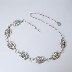 Turquoise Chain Waist Belt Silver Cowgirl Western Oval Tripe Belts