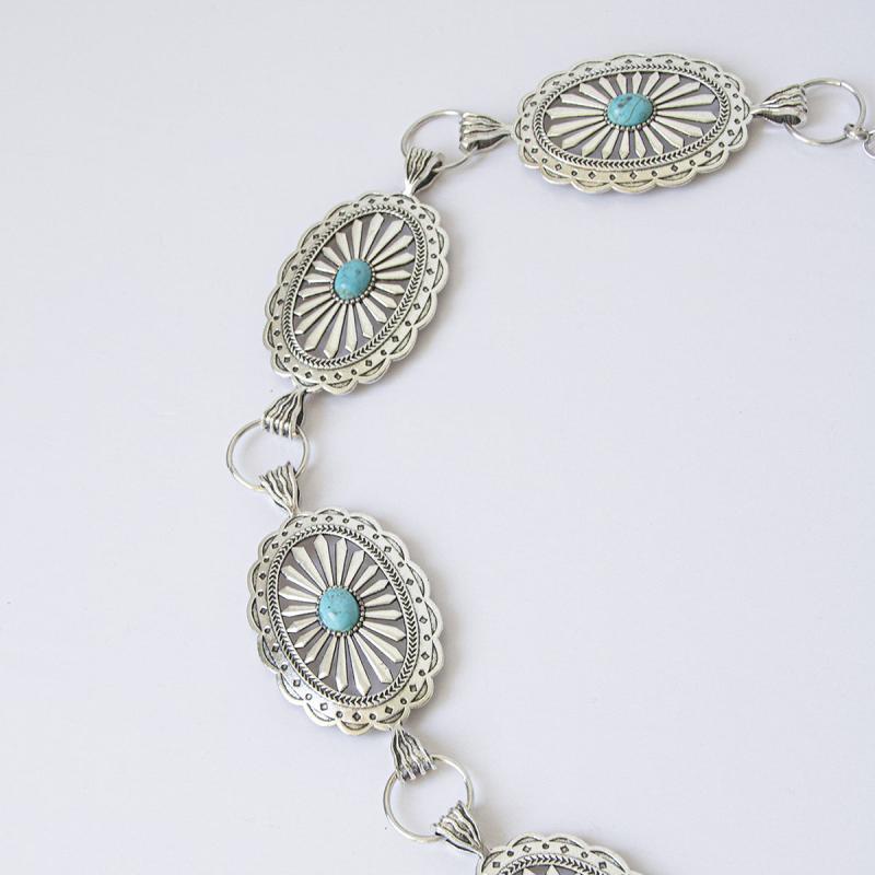 Turquoise Chain Waist Belt Silver Cowgirl Western Oval Tripe Belts