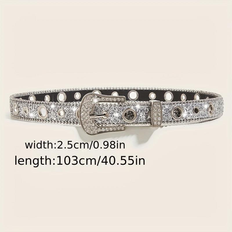 Sparkling Sequin Eyelet Belt Silvery Rhinestone PU Leather Y2K Jeans Waistb