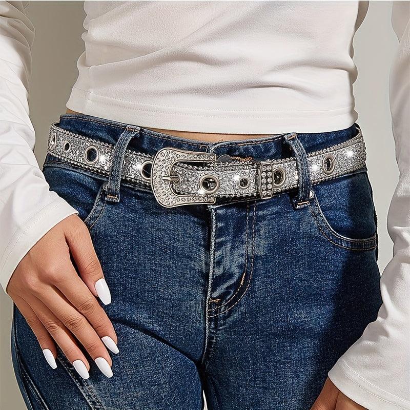 Sparkling Sequin Eyelet Belt Silvery Rhinestone PU Leather Y2K Jeans Waistb