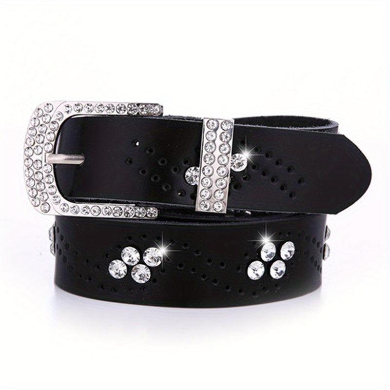 Rhinestone Leather Belt Hollow Design Casual Jeans Belt for Women