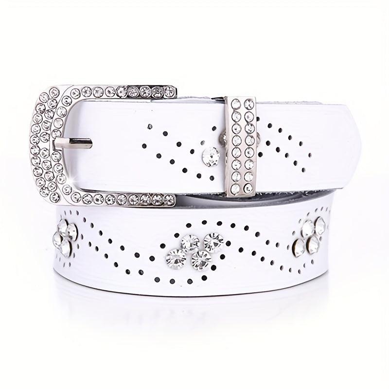 Rhinestone Leather Belt Hollow Design Casual Jeans Belt for Women