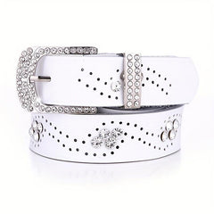 Rhinestone Leather Belt Hollow Design Casual Jeans Belt for Women