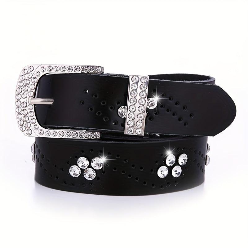 Rhinestone Leather Belt Hollow Design Casual Jeans Belt for Women
