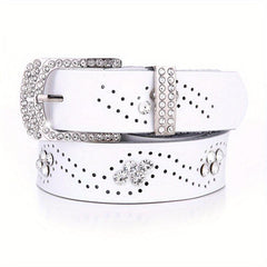 Rhinestone Leather Belt Hollow Design Casual Jeans Belt for Women