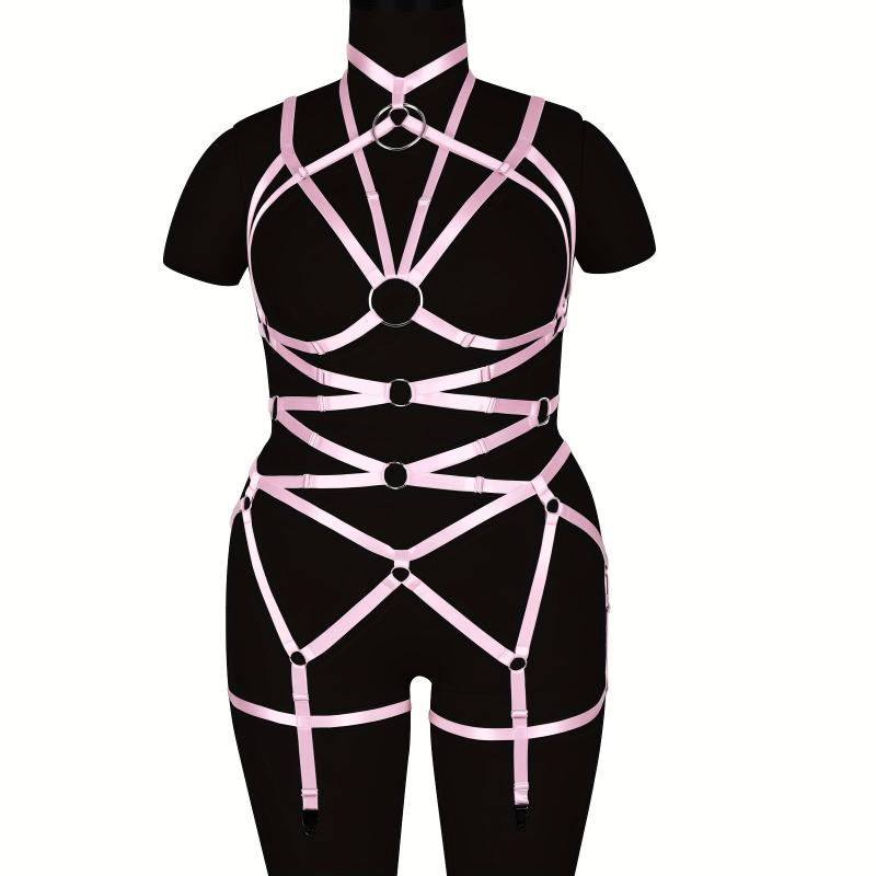 Pink Hollow Out Body Harness Bra Waistband Elastic Sexy