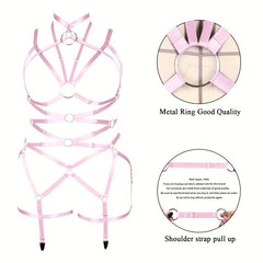 Pink Hollow Out Body Harness Bra Waistband Elastic Sexy