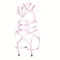 Pink Hollow Out Body Harness Bra Waistband Elastic Sexy