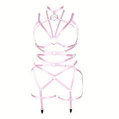 Pink Hollow Out Body Harness Bra Waistband Elastic Sexy