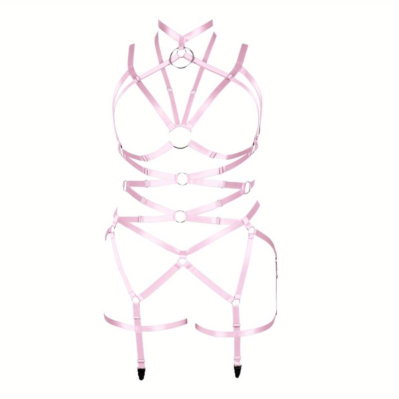 Pink Hollow Out Body Harness Bra Waistband Elastic Sexy