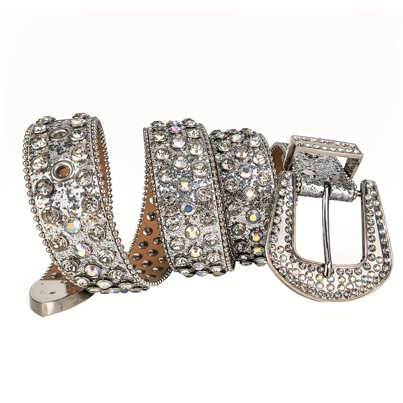 Silvery Glitter Rhinestone Belt Eyelet PU Leather Belt Hip Hop Jeans Pants Belt