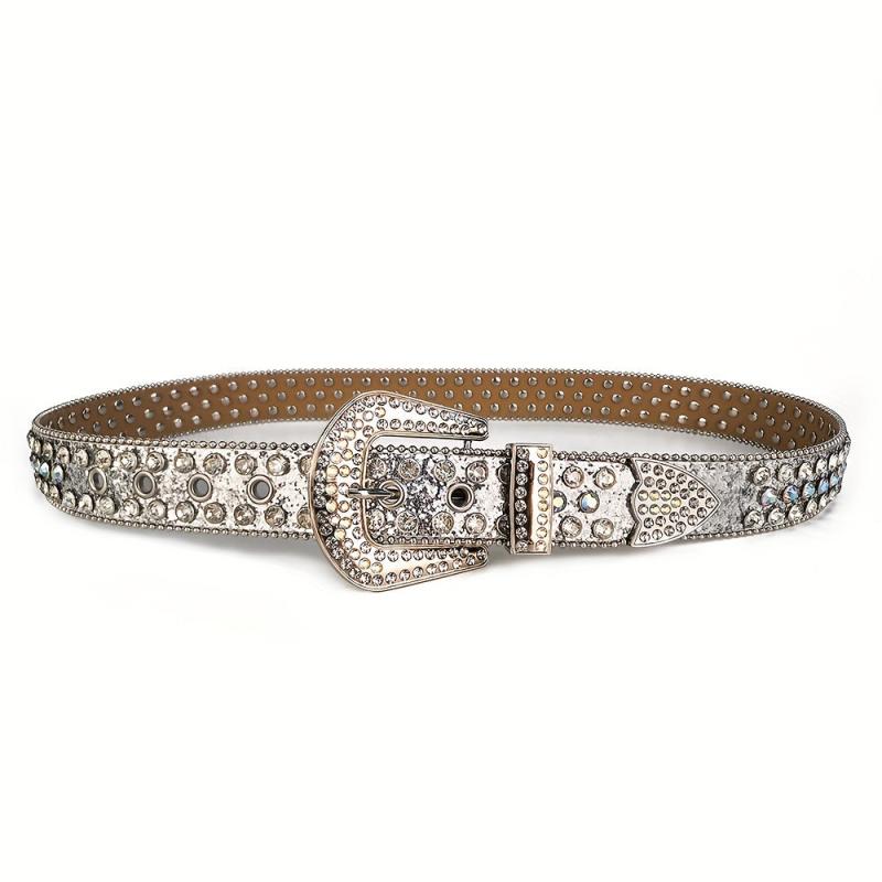 Silvery Glitter Rhinestone Belt Eyelet PU Leather Belt Hip Hop Jeans Pants Belt