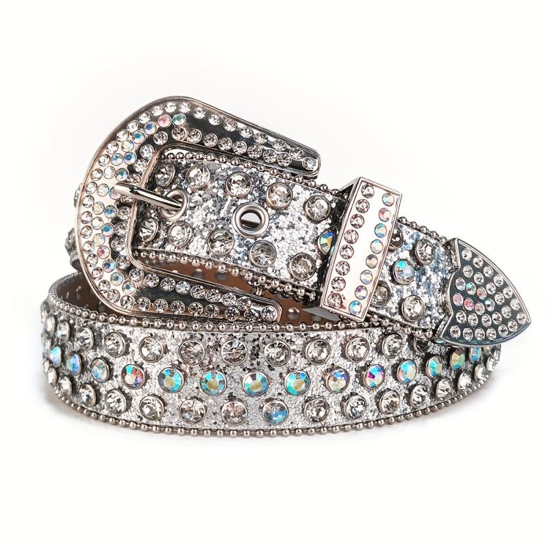 Silvery Glitter Rhinestone Belt Eyelet PU Leather Belt Hip Hop Jeans Pants Belt