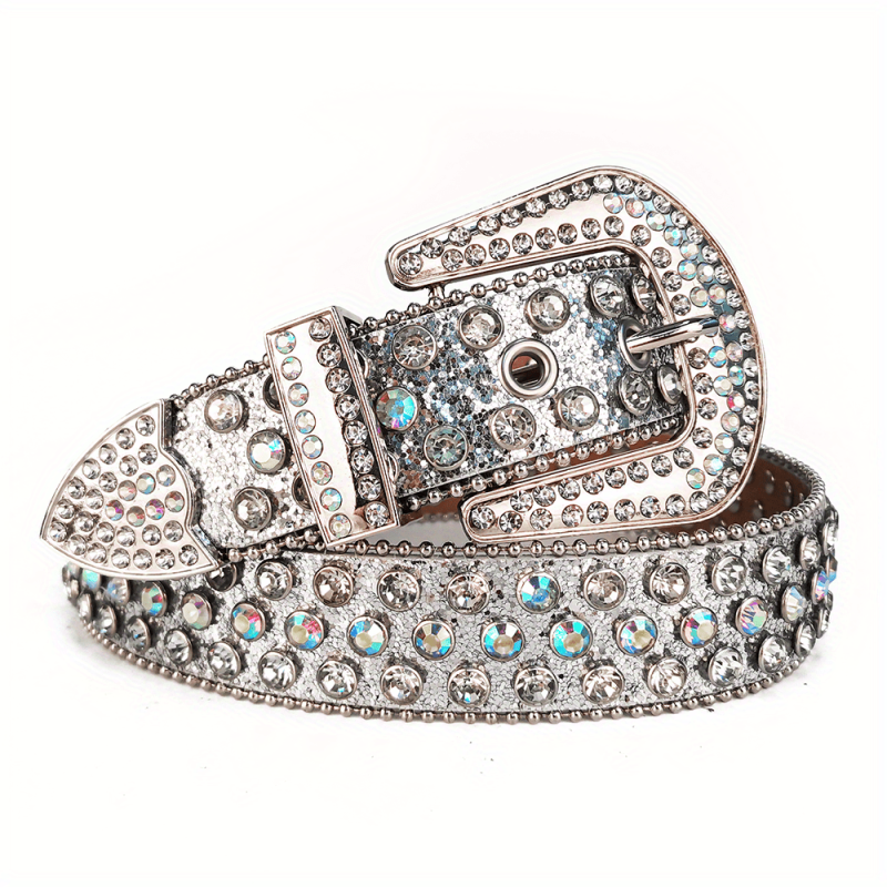 Silvery Glitter Rhinestone Belt Eyelet PU Leather Belt Hip Hop Jeans Pants Belt
