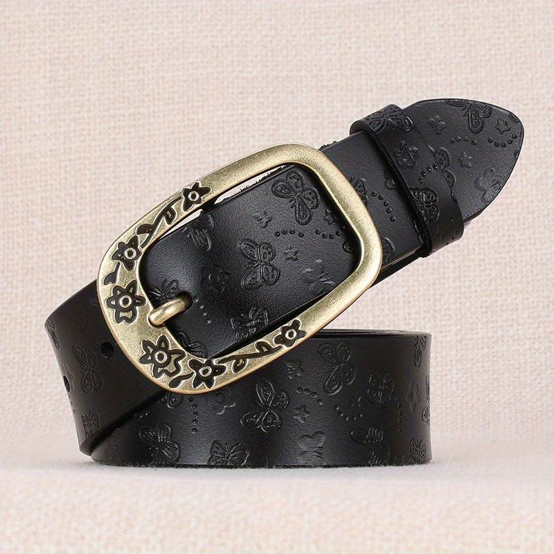 Vintage Flower Buckle Leather Belt Embossed Solid Jeans Pants Belt