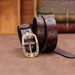 Vintage Flower Buckle Leather Belt Embossed Solid Jeans Pants Belt