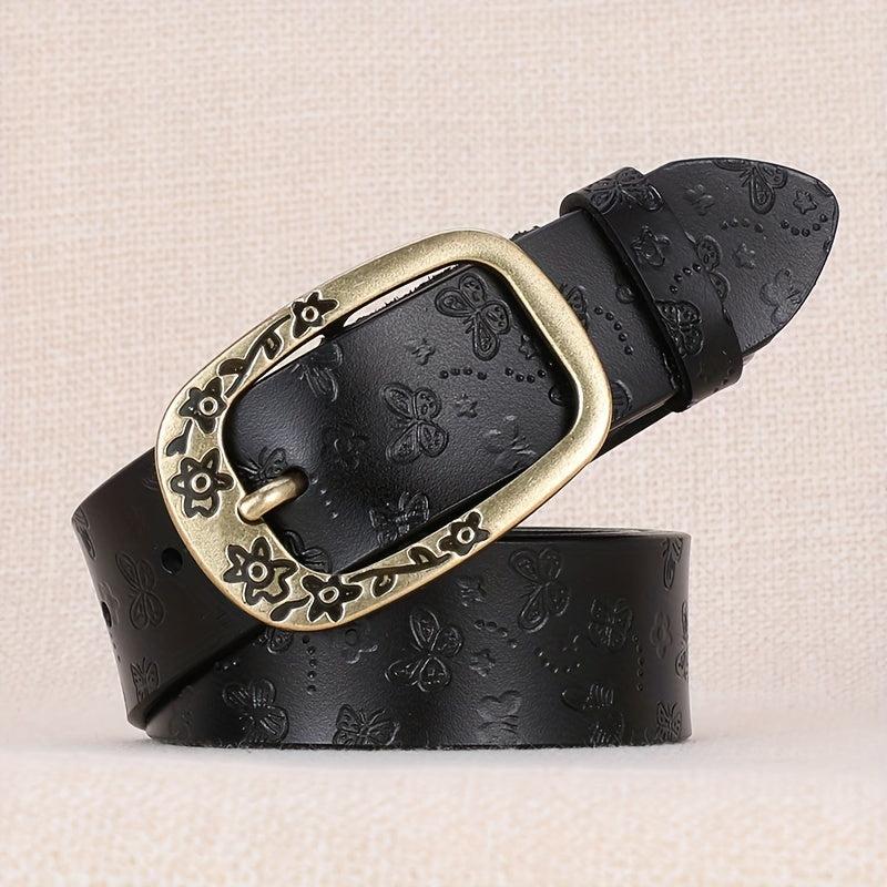 Vintage Flower Buckle Leather Belt Embossed Solid Jeans Pants Belt