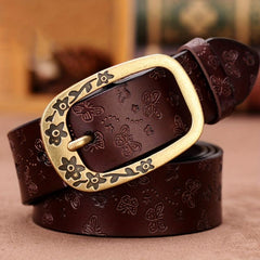 Vintage Flower Buckle Leather Belt Embossed Solid Jeans Pants Belt