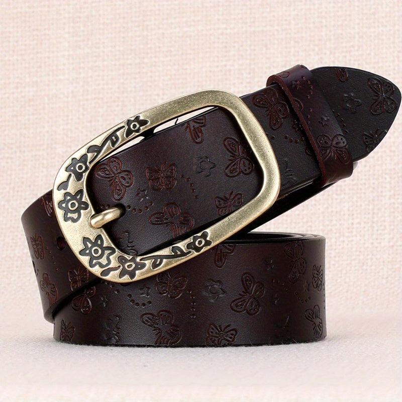 Vintage Flower Buckle Leather Belt Embossed Solid Jeans Pants Belt