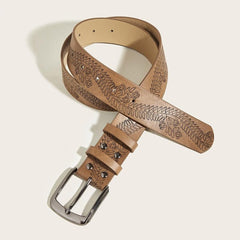 Vintage Flower Leather Belt Brown Print Buckle Belt