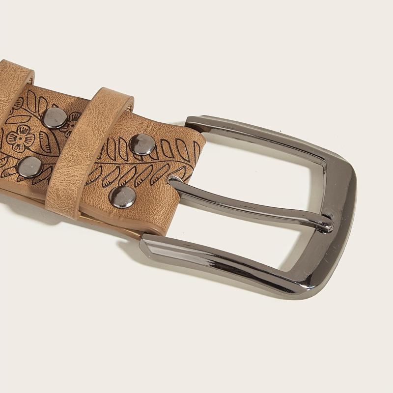 Vintage Flower Leather Belt Brown Print Buckle Belt