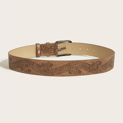 Vintage Flower Leather Belt Brown Print Buckle Belt