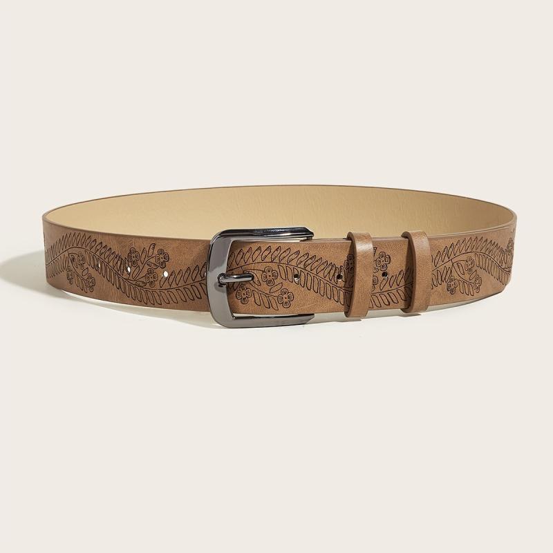 Vintage Flower Leather Belt Brown Print Buckle Belt
