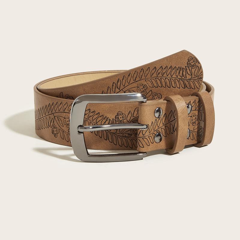 Vintage Flower Leather Belt Brown Print Buckle Belt