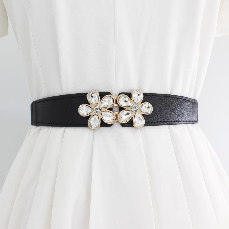 Women's Flower & Leaf Rhinestone Elastic Belt All-match Waist Cover